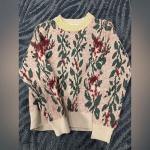 Floral Knit Crewneck Sweater in Pink and Green